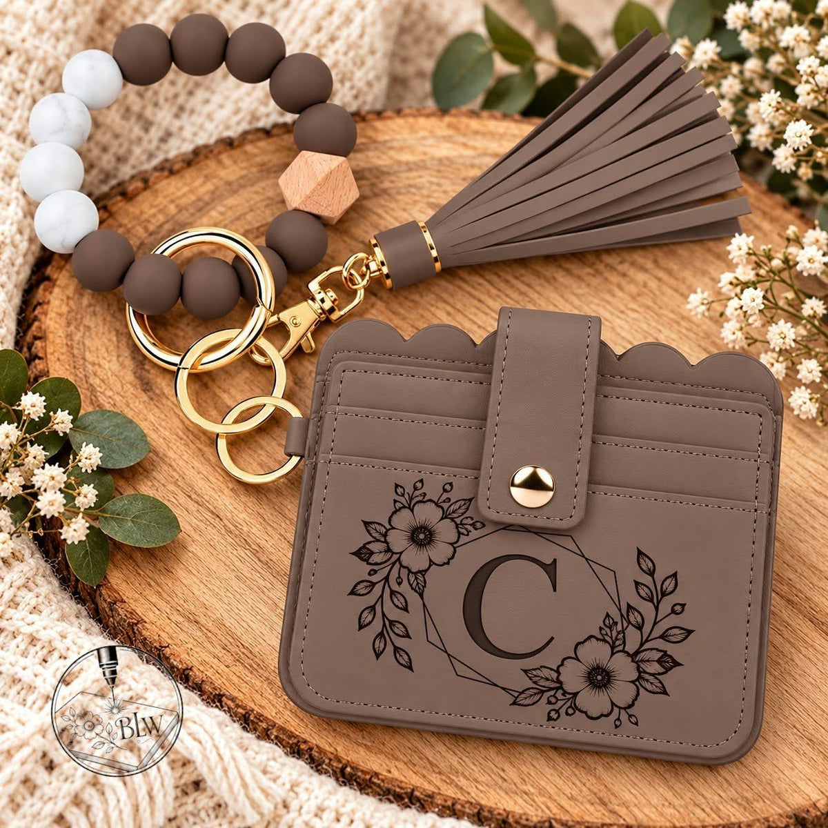 Leather Engraved Monogram Wristlet Wallet